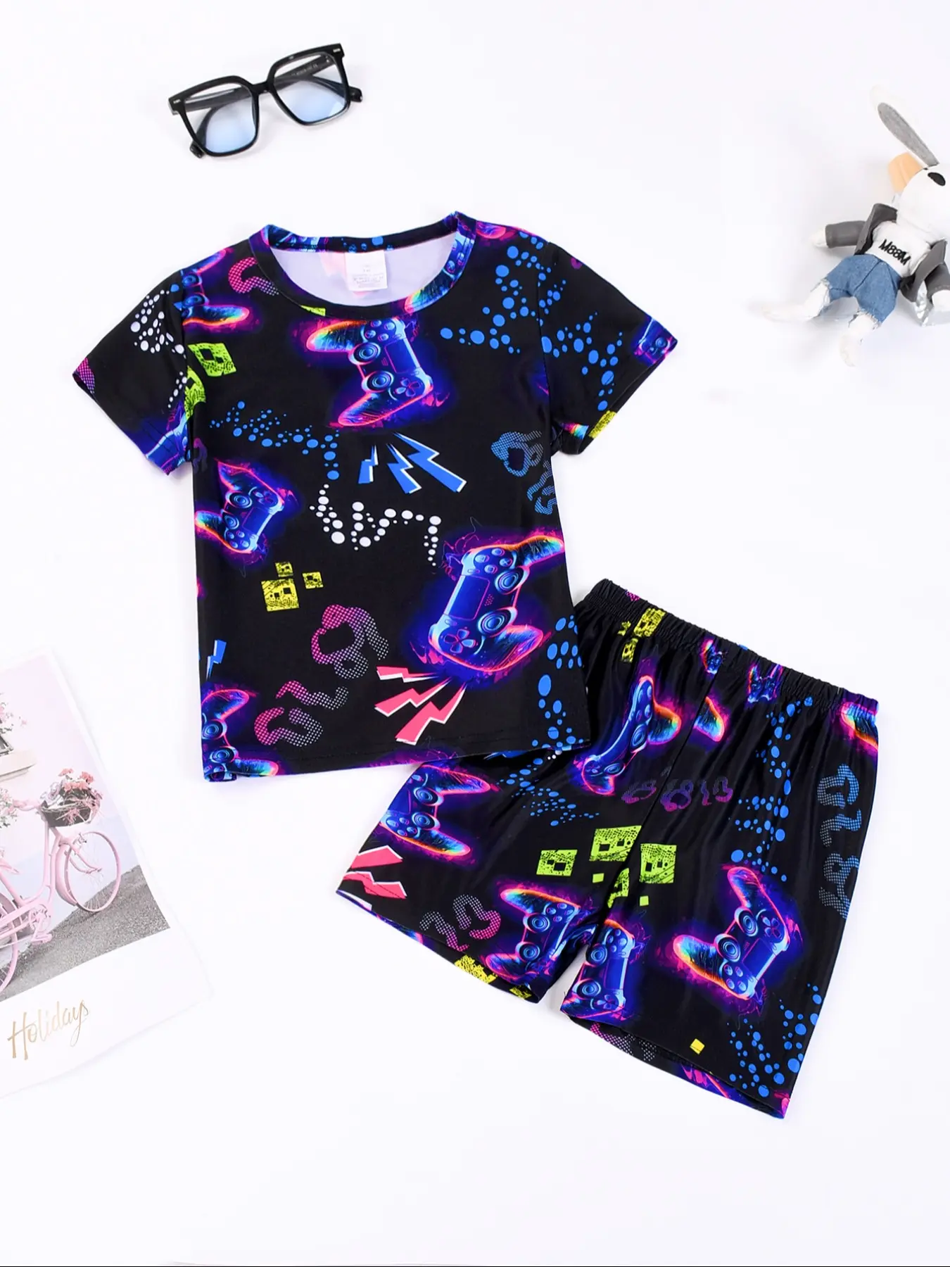 Boys' Sleepwear Set, Round Neck Short Pajamas & Shorts, Digital Print Game Controller Pattern, Casual Fitted Design, All Season Comfortable Fit, Snug Fit Pajamas, Pajama Sets, Summer Pjs, Pyjamas Set, All Seasons Pajamas