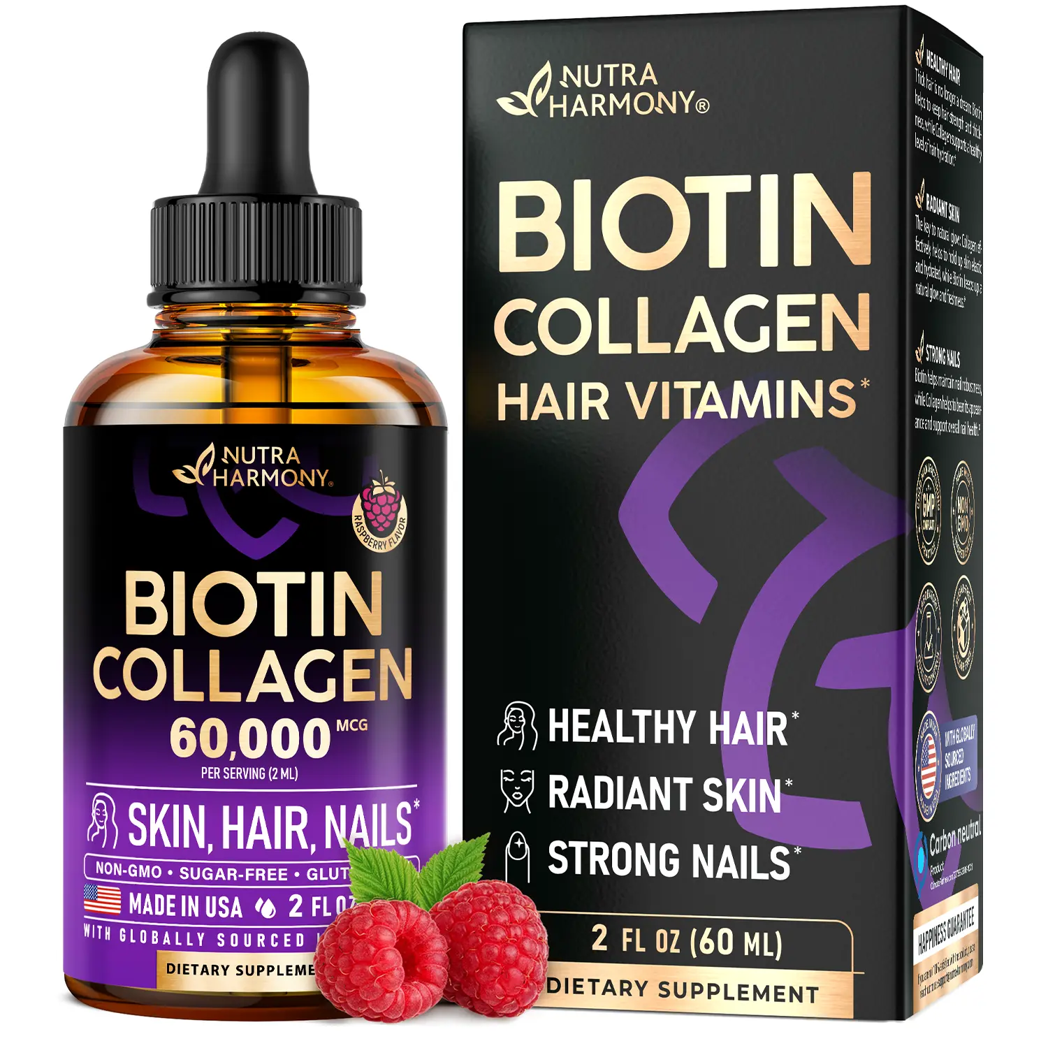 NUTRAHARMONY Liquid Biotin & Collagen Supplement for Hair Growth Support - Extra Strength Drops for Women & Men - Strong Nails & Healthy Skin - Made in USA - 2 Fl Oz