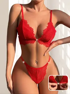 Front Closure Red Lace Lingerie Set for Women, Deep V Lace Trim, Valentine’s Day Gift for Her, Date Night Underwear