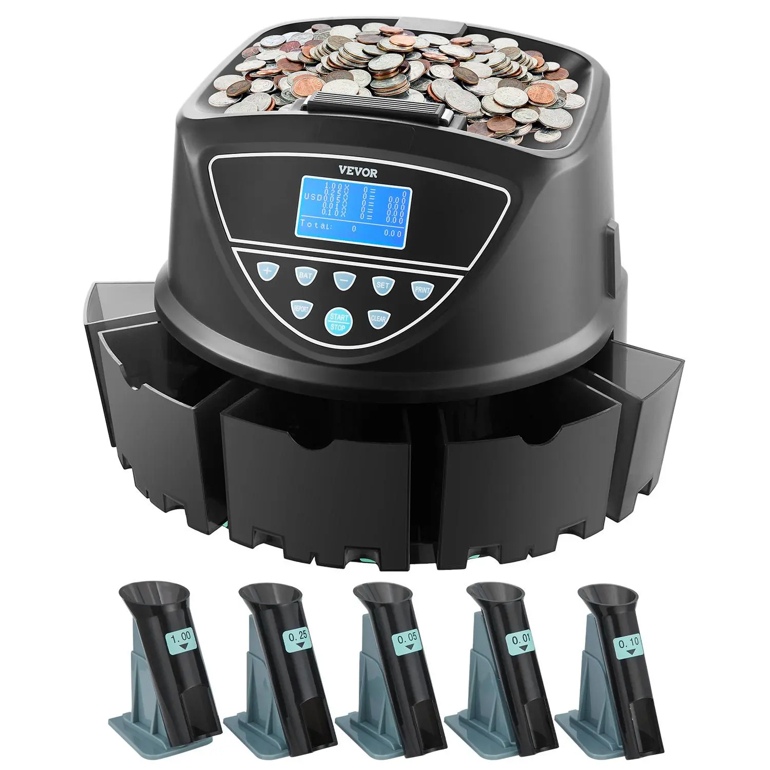 【BackToSchool】VEVOR USD Coin Sorter, Coin Counter Machine for 5 Kinds of USD Coins, Coin Sorter and Wrapper Machine Holds up to 2000 Coins, Screen Display Coin Storage Included 5 Coin Tubes and Boxes