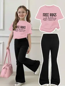 Girls' Fun Slogan Tee Sweet Cool Bell Bottoms Set, Round Neck Short Sleeve + Bell Pants, Casual Fit, All Seasons