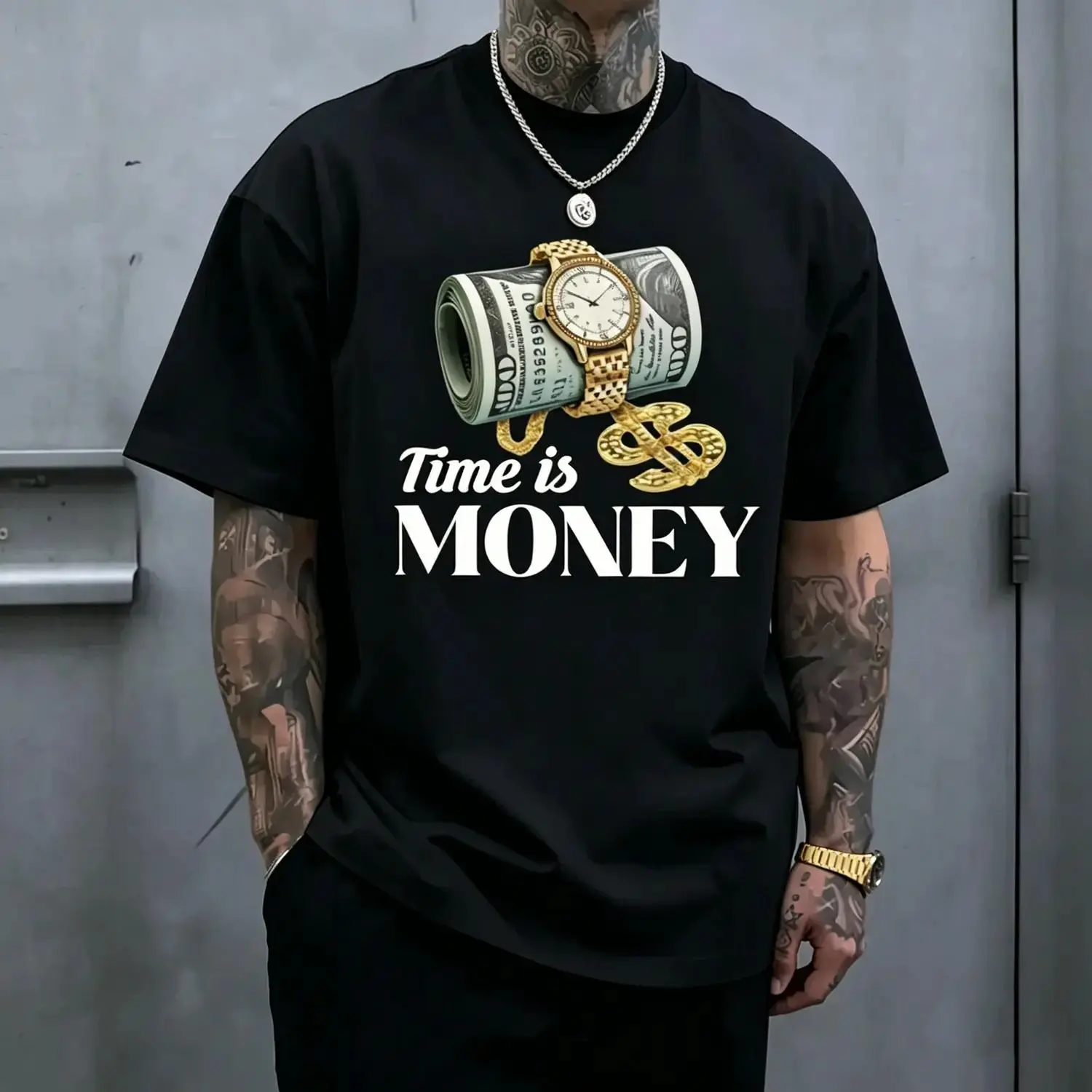Women's "Time Is Money" Graphic Short-Sleeve Round Neck Soft Cotton Hip Hop Streetwear Top, Relaxed Fit, Breathable, Casual Classic All-Seasons Fashion Tee, Shortsleeve