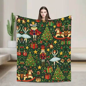 Christmas Nutcracker Fleece Blanket - Vintage Fairy Tale Ballet Mouse King Tree Gift Print, Classic Holiday Green-Red Soft Cozy Camping Blanket for Couch Home Decor (Sports & Outdoor Sleeping Gear)