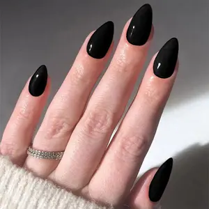 Black Press on Nails Short Almond Fake Nails Press ons False Nails Acrylic Glossy Full Cover Glue on Nails Artificial Stick on Nails for Women Halloween Manicure 24 Pcs
