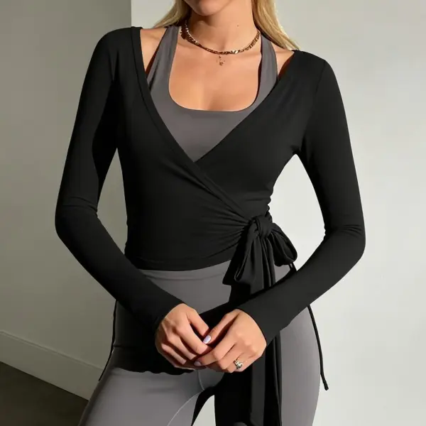 Lunvique Y2K Womens Wrap Tie Front Long Sleeve Top V-Neck Ballet Pilates Yoga Shirt Workout Active Blouses Dance Crop Tops