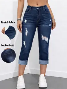 Women's High Elasticity High-Waisted Seven-Quarter Skinny Fit Comfy Denim Jeans, Folded Hem, Ripped Design, Versatile Elegant Casual Fashion Pants