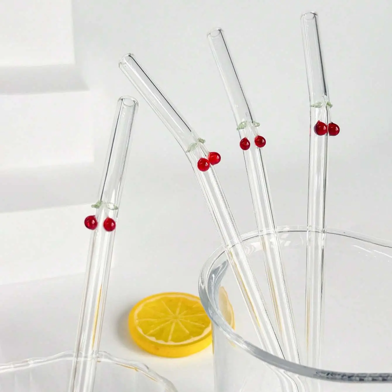 Cartoon Cherry Design Bent Glass Straws, Glass Straw Drinkware, Cute Straws, Drinking Straw, Set of 1/2/4, Perfect for Milkshakes, Soda, Tea, Juice, Parties, Birthdays, Holidays, Straw Combo, Drink Accessories