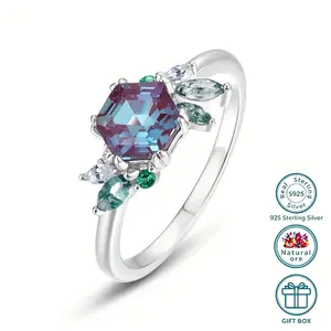 S925 silver luxury ring for women, inlaid with hexagonal 6*6mm oval alexandrite, accented with zircon, suitable for gifting, wearing at banquets, parties, weddings, Mother’s Day gift