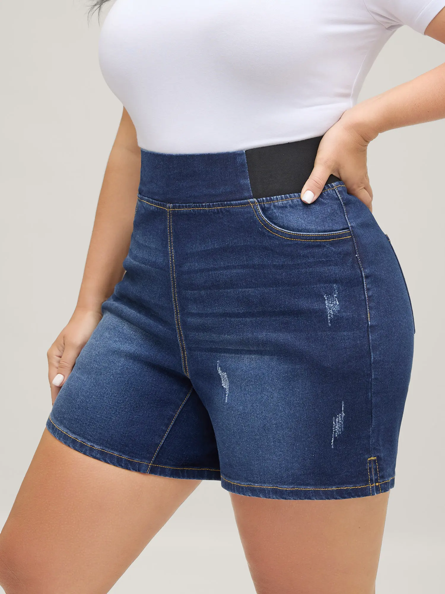 Women's Jean Shorts for Women - Skinny Slim Cut, Pull-On Frayed Denim, Elastic Waist, Pockets, Stretch Medium, Casual Leisure Wear, Short Length, Distressed Dark Indigo Medium Wash, Above Knee