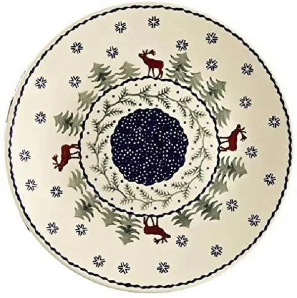 (RARE) zaklady boleslawiec Polish Pottery Christmas Tree Reindeer Moose Dinner Plate, 10.5-Inch