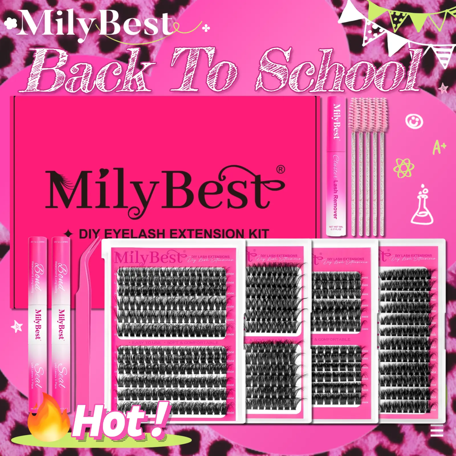 MilyBest 4 Styles Lash Clusters Kit, 864 Pcs D Curl Volume Lashes | Wispy bulk individual eyelash extensions with 2 bond and seal glue for DIY variety lash maps and salon-style looks,back to school