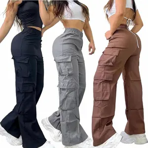 Women's 2026 Fashion Mid Waist Casual Solid Color Multi-Pocket Long Cargo Pants Street Style Streetwear Bottoms Maxi Length Comfortable Jean - Dress Womenswear Chic