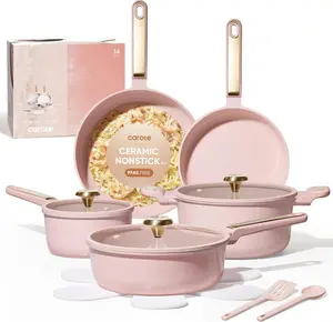 CAROTE Ceramic Cookware Set Nonstick, 14pcs Pots and Pans Set Nonstick, Non-Toxic & PFAS-Free, Dishwasher, RV/Camping Cookware Set, Cooking Pots with Lids, Pink Blush