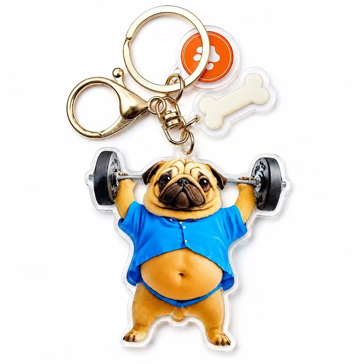 Weightlifting Pug Keychain - Unisex 2D Acrylic Animal Print Figure Single Keyring, Stylish Fun Accessory for Dog Lovers, Fitness Enthusiasts Gift
