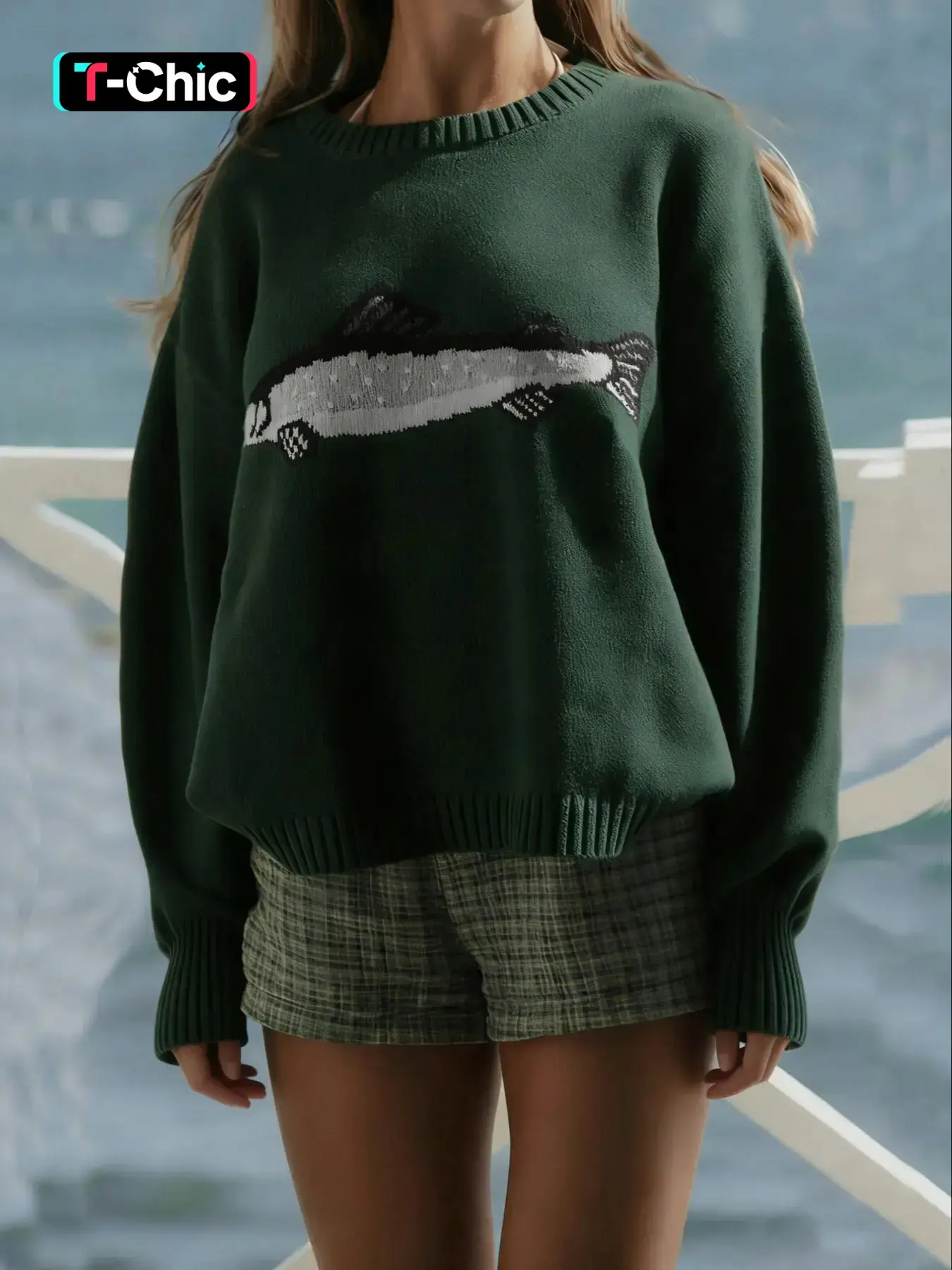Women's Fish Shark Animal Pattern Y2K Long Sleeve Round Neck Loose Fit Vintage Casual Knitted Graphic Crewneck Sweater Pullover, Casual Everyday Spring & Fall Fashion, Moderate Fabric Thickness, Oversized Knitwear Womenswear