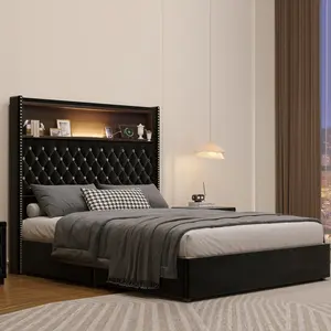 Full/Queen Size Upholstered Bed Frame with Storage Bookcase Headboard, USB Port and LED Light, 52''High Headboard with Rivet Decoration,Wing-back Velvet Platform Bed with Sturdy Slats, No Box Spring Needed