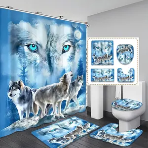 Creative Ice Wolf Theme Bath Curtain Set, Fantasy Style Silver Color Wolves with Blue Eyes, Includes 12 Plastic Hooks, Home Bathroom Decor, Bathroom Decoration Accessories