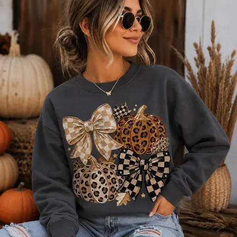 Fall Pumpkin T-Shirt & Sweatshirt, Leopard Pumpkin Bow Shirt, Checkerboard Autumn Graphic Tee, Cute Thanksgiving Crewneck, Trendy Fall Outfit for Women, Pumpkin Season Gift for Her -DPCLICK