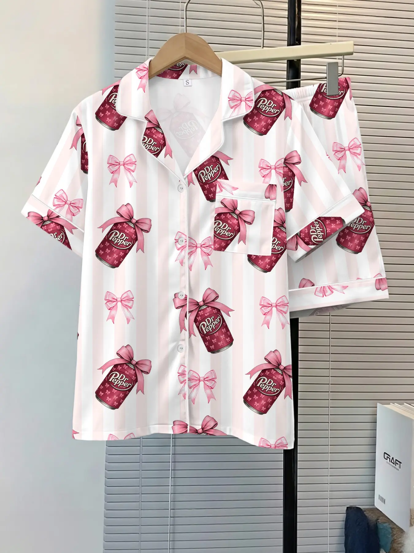 Women's Sleepwear 2-Piece Short Pajama Set Pjs, pink cherry bow Print, Comfortable Fitted Night Home Wear Effortless Loungewear, Fashion Soft Fabric, Ideal for Casual Daily Use