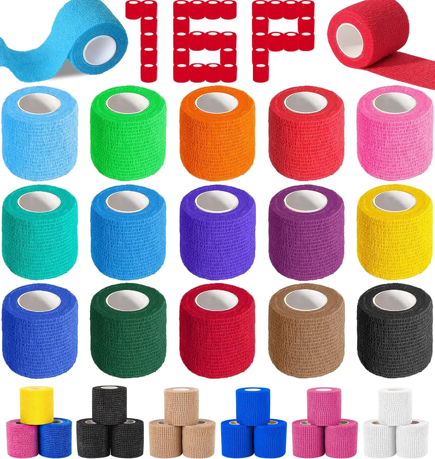16 Rolls Unisex 2 in x 5 yd Spandex Self-Adhesive Cohesive Elastic Bandage Wrap, Breathable Athletic Tape for Healing Wounds, Ankle Support, Vet Use