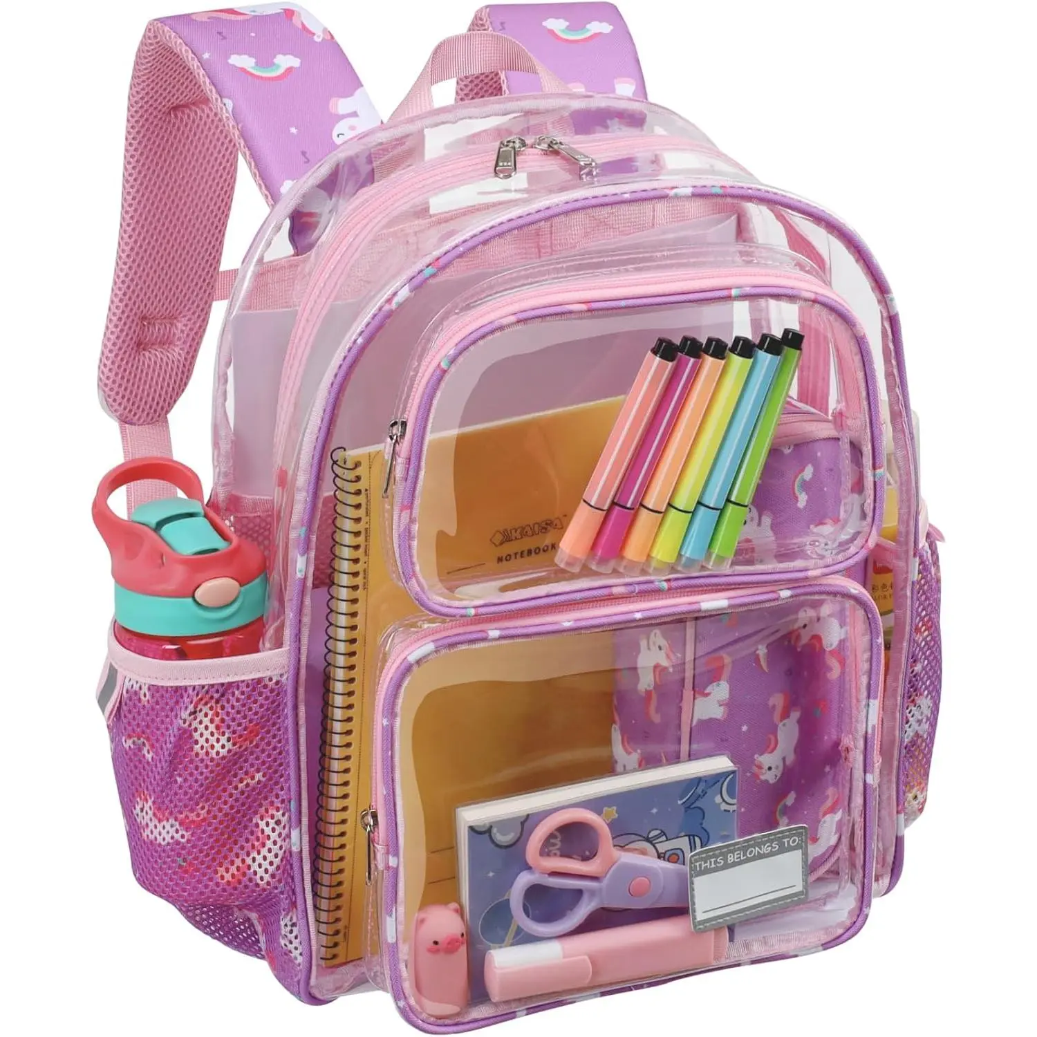 BY-065 Clear Backpack for Girls - 15 Inch Clear Bookbag for Kids Aged 3 to 8 Heavy Duty Transparent Backpack for School, Cute See Through Bag with Reflective Strip, Purple Tie-dye