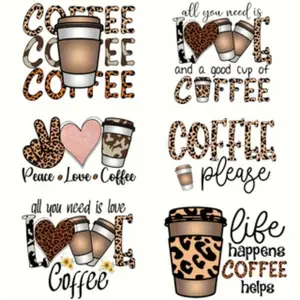 6-Piece Trendy Creative Coffee Theme Vinyl Iron-On Transfer Set, DIY Fashion Application, Multifunctional Heat Press Decoration Stickers for T-Shirts & Backpacks