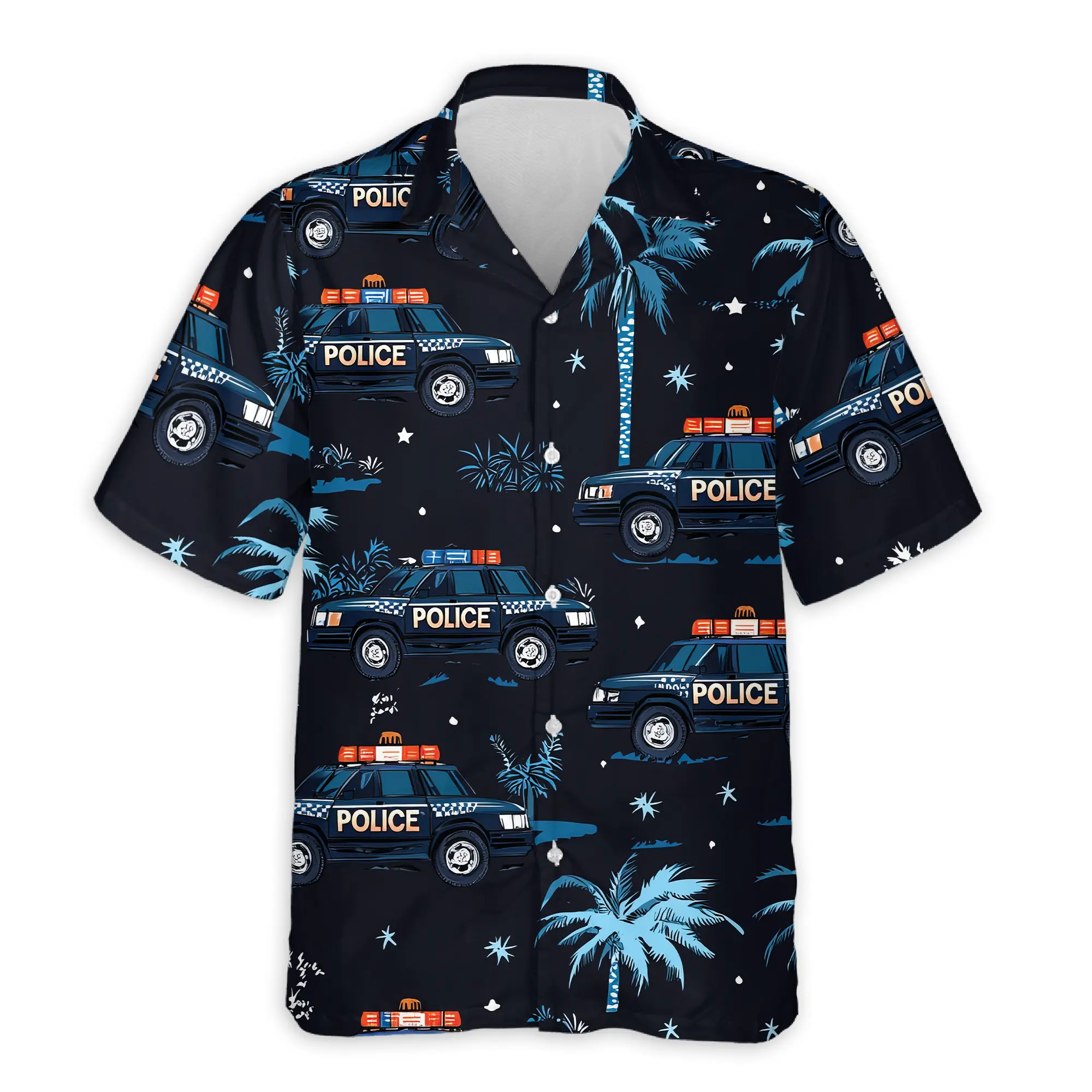 Police Cars Seamless Pattern Hawaiian Shirt Button Down Summer Vacation Casual Beach Party Shirt