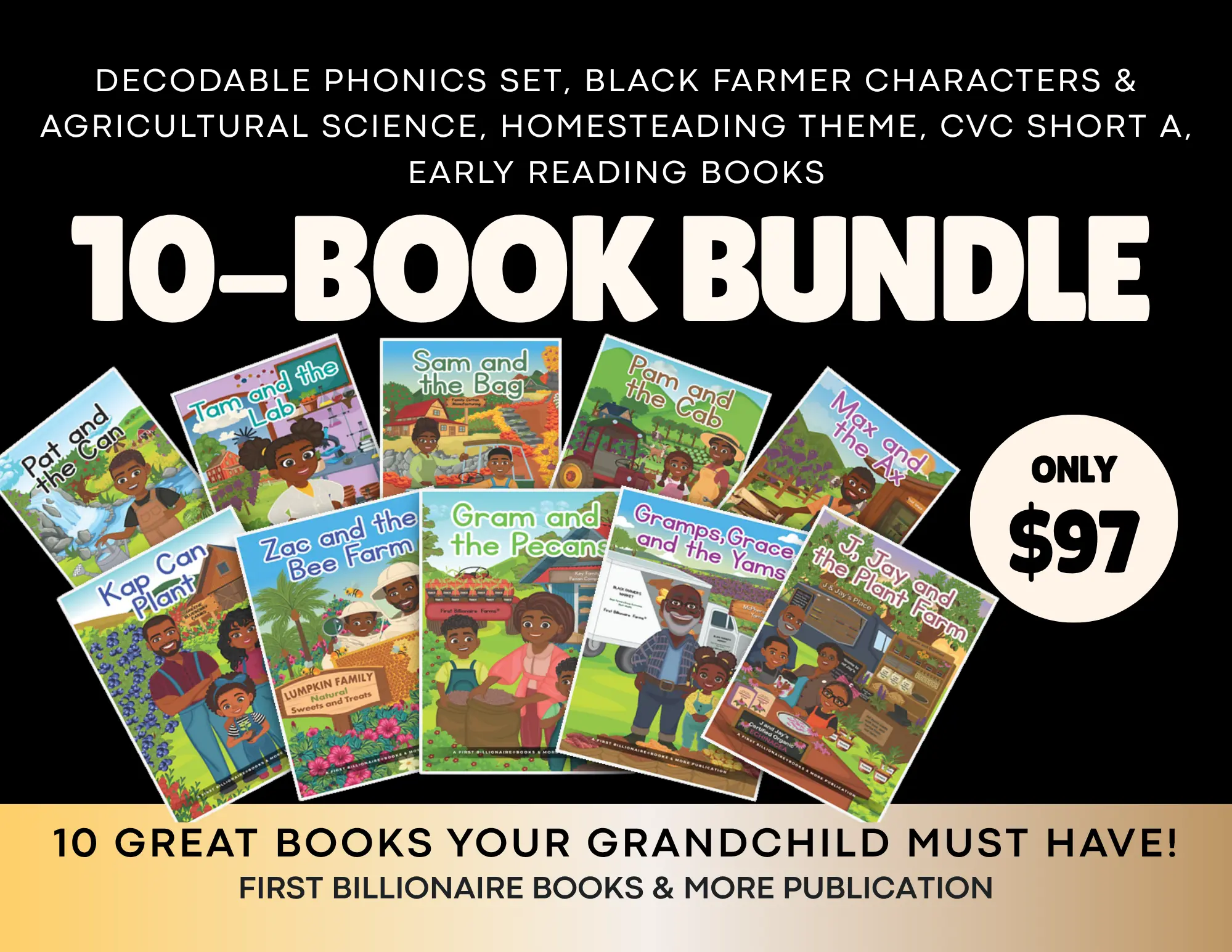 10-Book Bundle Decodable Phonics Set, Black Farmer Characters & Agricultural Science, Homesteading Theme, CVC Short A, Early Reading Books