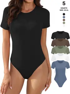 Body Suits for Womens Short Sleeve Round Neck Casual Stretchy Basic T Shirt Bodysuit Tops