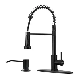 Kitchen faucet with pull-down sprayer, brushed nickel matte black stainless steel, single handle pull-out spring sink faucet, 1 or 3 hole compatible, suitable for farmhouse, camper, kitchen Black Kitchen Faucet