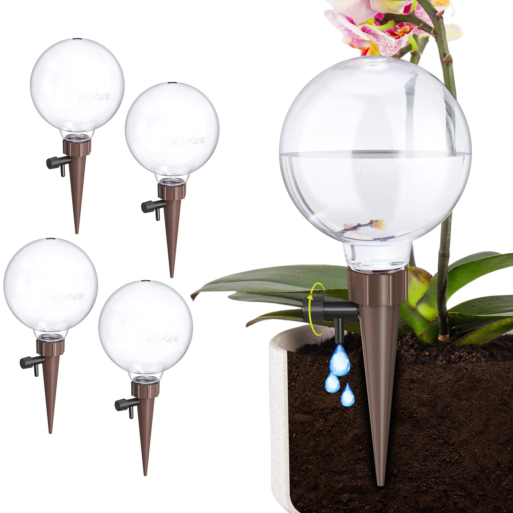 NiHome 4-Pack Eco-Friendly Self-Watering Globes - 3.9x3.9x8.7 Inches, Automatic Sprayer Stakes, Adjustable Flow Valve, Overwatering Guard, Hydration Tool for All Types of Plants, Busy Travelers, Great Gift Idea
