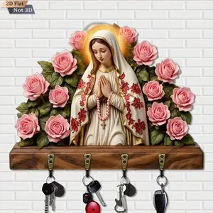 Wall Key Holder with Hooks – Wooden Virgin Mary & Baby Jesus Rose Design, Decorative Wall-Mounted Key Rack with 4 Hooks, Vintage Religious Home Decor for Entryway, Hallway & Living Room