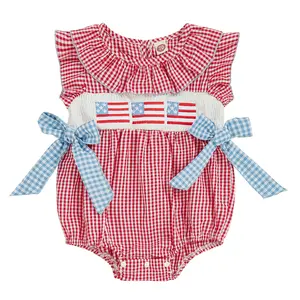 4th of July Baby Girl Outfits Newborn USA Flag Embroidery Smocked Plaid Bubble Romper Peter Pan Collar Bow Onesies Bodysuit #Summervibes