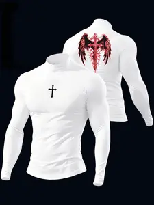 Unisex Gothic Cross & Wing Print High Neck Compression Long Sleeve T-Shirt | Y2K Dark Aesthetic Gym Workout Sportswear Streetwear Top Sportswear Top