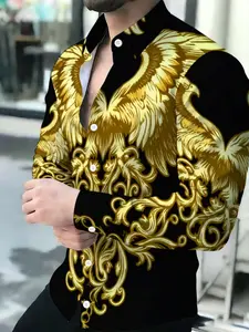 Summer Men's Black Gold Phoenix Baroque Print Long Sleeve Shirt
