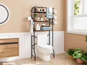 LINZINAR 3-Tier Over-the-Toilet Storage Cabinet with Built-In Toilet Paper Holder – Spacious Metal Bathroom Organizer, Ultimate Space-Saving Rack for Clutter-Free Bathrooms! Maximize Every Inch of Your Restroom with Sturdy