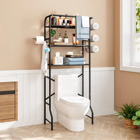 LINZINAR 3-Tier Rectangle Over-the-Toilet Storage Cabinet with Built-In Toilet Paper Holder - Sturdy Metal Bathroom Organizer Supplies, Stable X-Frame, 5-Level Open Shelf, Space Saver, Easy Assembly with Guide, Balcony Casual Home Rack