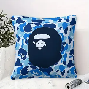 Tropical Beach Vibes Monkey Head Throw Pillow featuring Digital Print in Blue Camouflage, 45cm Square Size with Inner Cushion, Stylish Logo Design, Perfect for Sofa, Bedroom, or Beach House Decor!