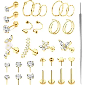 CASSIECA Hypoallergenic 16-20G Surgical Steel Dainty Body Jewelry Set – Threadless Flat Back Earrings for Women, Push-In Nose Studs, Lip Labret, Nose Piercings, Ear Piercings Kit, Daith, Conch, Helix, Cartilage Hoops