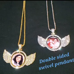 Custom photo memorial winged pendant with necklace double sided swivel keepsake Custom picture pendant necklace with free chain day gift unique jewelry