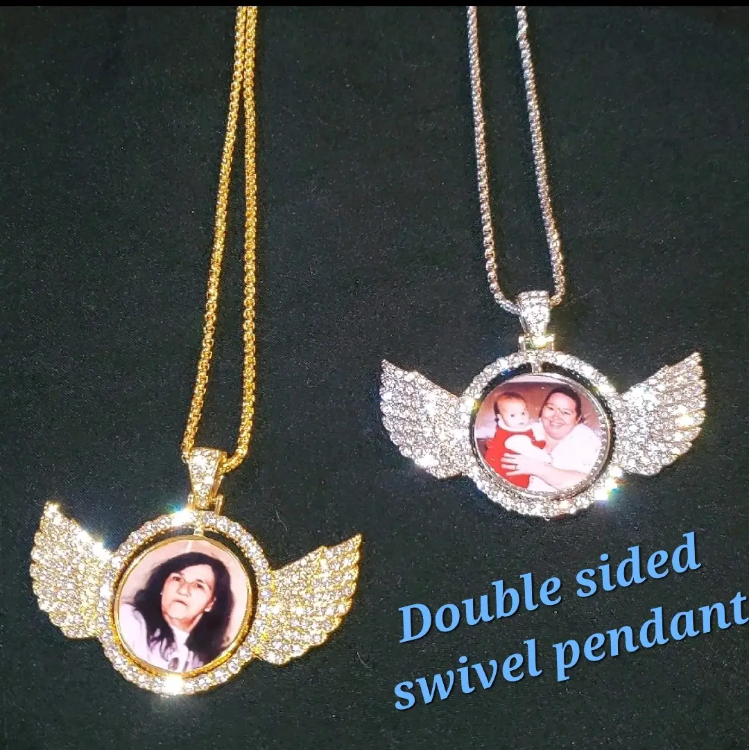 Custom photo memorial winged pendant with necklace double sided swivel keepsake Custom picture pendant necklace with free chain day gift unique jewelr