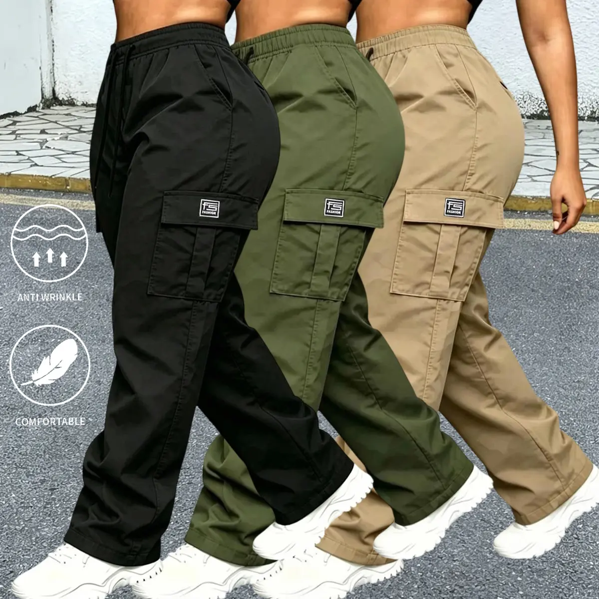 3-pack women’s outdoor casual cargo pants made from sweat-wicking, breathable, quick-dry fabric; multiple zippered pockets; soft, comfortable material; suitable for hiking, mountaineering, fitness, workouts, and running; loose fit with stretch; street cas