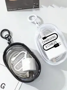 Portable Mini Transparent Organizational Zipper Storage Bag with Data Cable Pattern, Multi-Functional Small Pouch with Keychain, Ideal for Chargers, Jewelry, and Makeup, Travel Ready in Space Saving Organizer