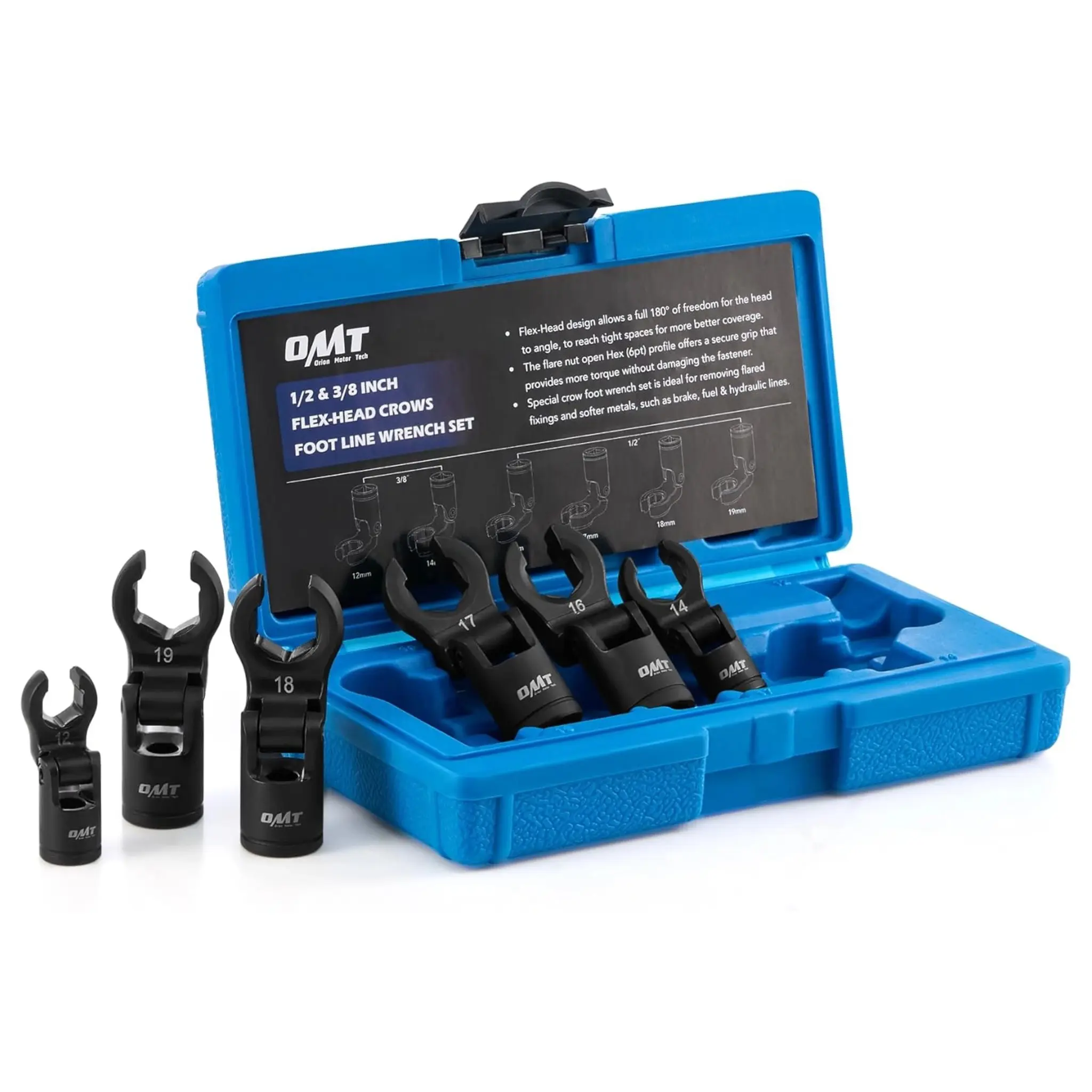 【SpotlightDay】Orion Motor Tech 6pc Flex Head Metric Crowfoot Wrench Set, 1/2"-&3/8" Drive, 12-19mm Metric Sizes, 180° Flexible Head, Cr-V Steel, Secure Grip for Tight Spaces, Tools for Mechanics with Storage Case