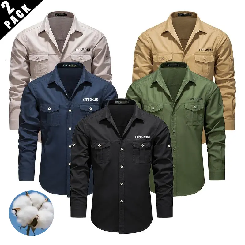 2-pack men’s pure cotton long-sleeve shirts with two pockets for spring/autumn; men’s casual military-style long-sleeve shirt; men’s casual workwear shirt with a slim fit that pairs easily with outerwear; suitable for all seasons; classic-fit menswear top