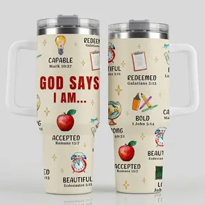 Christian Educator 40oz Insulated Tumbler with Handle |   "God Says I Am" Scripture Cup with School Apple Design, Religious Gift for Women Teachers Coworker, Large Vacuum Travel Mug Fits Car Cup Holder for Daily Coffee