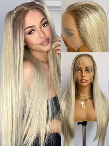 26 Inch Ombre Blonde Wig, Dark Roots 13x4 Glueless Frontal Wig for Women, Smooth Long Silky Straight Hair, Synthetic Fiber, Swiss Lace, Easy Install