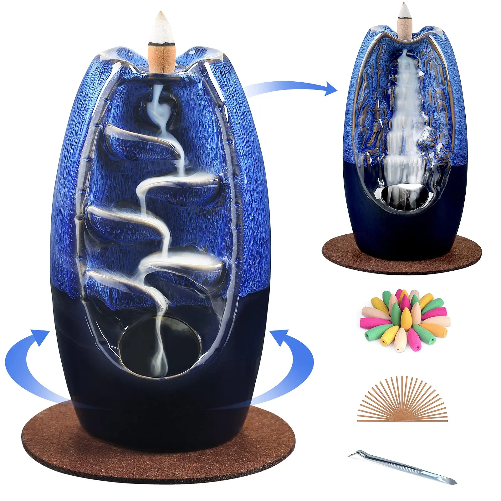 Ceramic Backflow Incense Holder Incense Burner Waterfall 2 Sides, Incense Fountain with 120 Incense Cones & 30 Incense Stick, Aromatherapy Ornament Home Decor, Navy