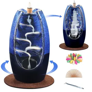 Ceramic Backflow Incense Holder Incense Burner Waterfall 2 Sides, Incense Fountain with 120 Incense Cones & 30 Incense Stick, Aromatherapy Ornament Home Decor, Navy