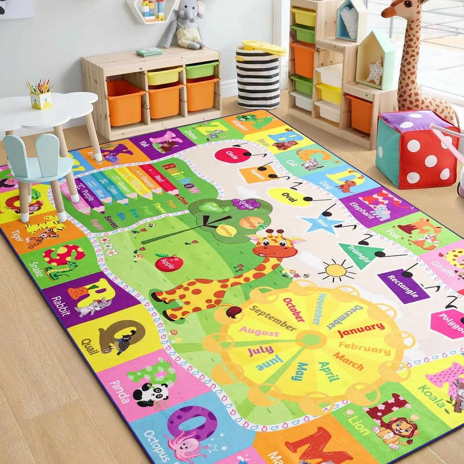 Non-Slip Toddler ABC Educational Soft Rug - Cartoonish Animal & Letter Print Floor Mat, Cute Decorated Nursery Rug for Playroom, Nursery, Floor Mats